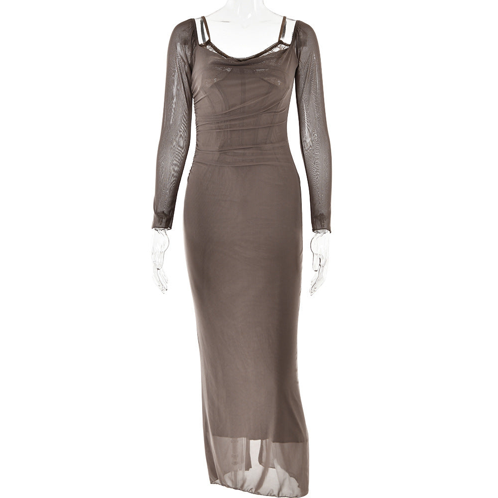 Damen Elegantes Maxikleid mit transparenten Ärmeln EB
