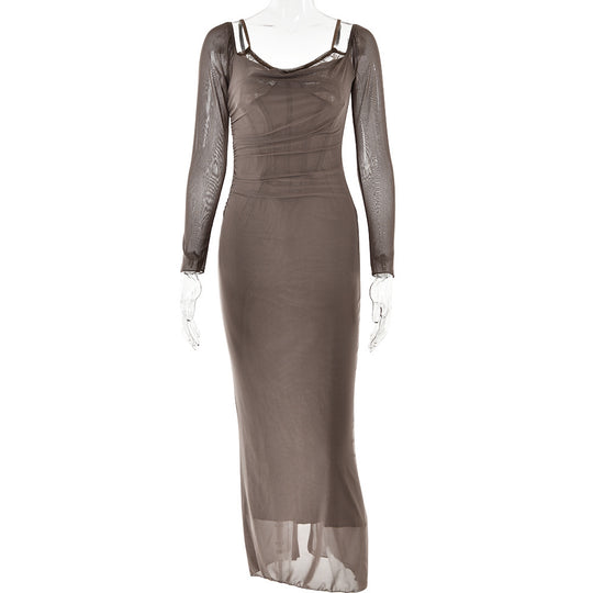 Damen Elegantes Maxikleid mit transparenten Ärmeln EB