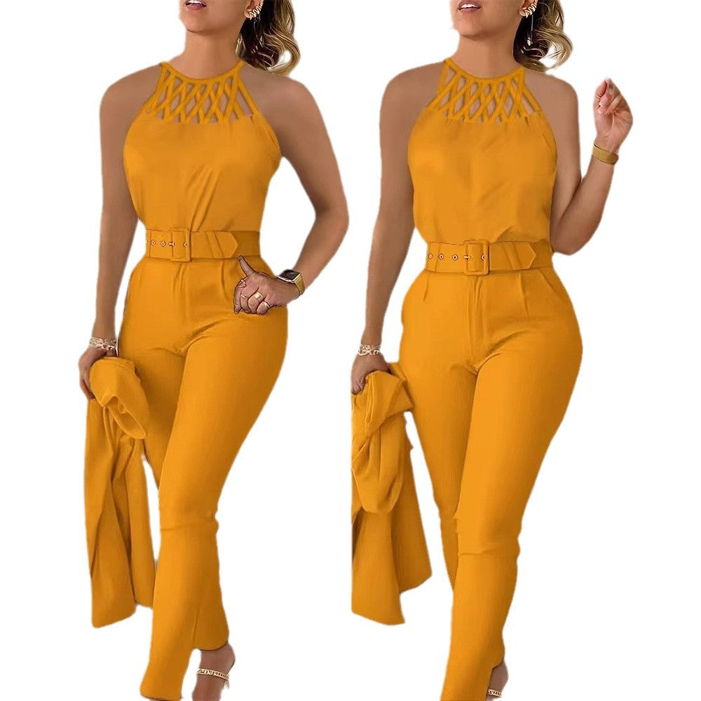 Damen Eleganter Jumpsuit mit schickem Gürtel und raffiniertem Cut-Out EB