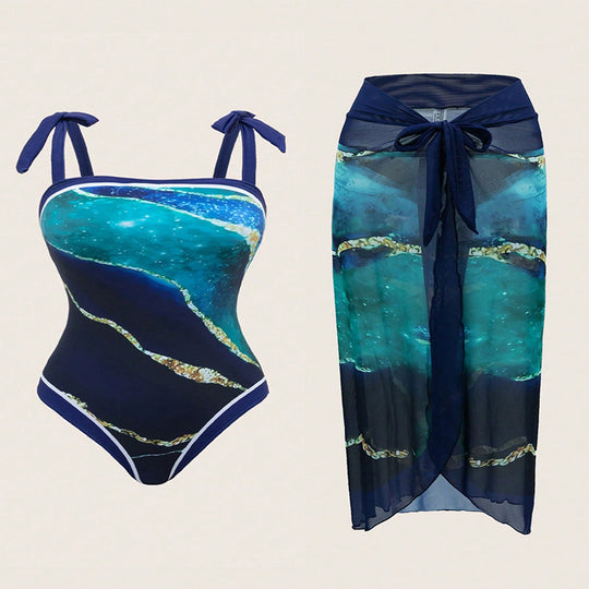 Damen Einteiliger Badeanzug mit transparentem Wickelrock EB