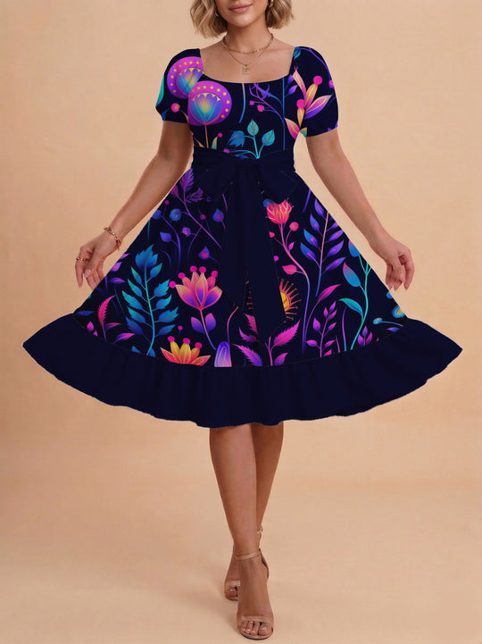 Damen modernes Blumenkleid mit elegantem Taillengürtel und asymmetrischem Saum EB