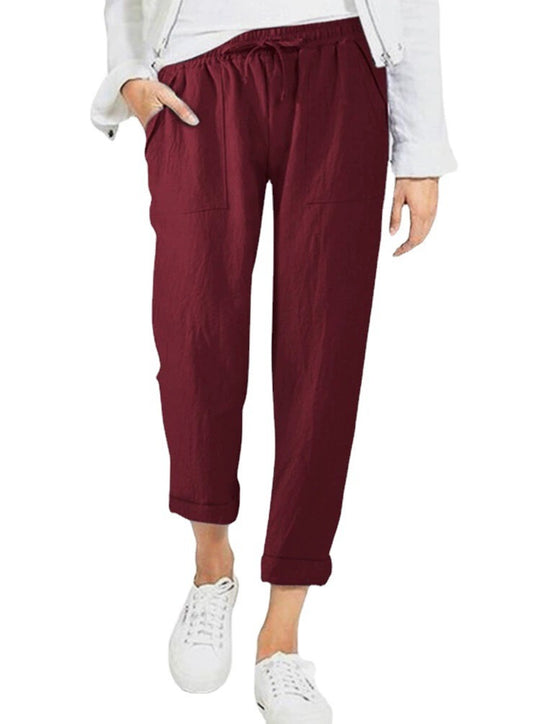 Damen entspannte Leinenhose mit elastischem Bund und praktischen Taschen EB