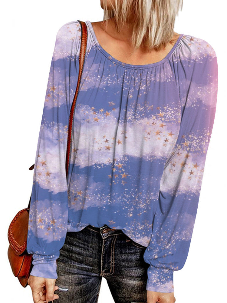 Damen Ethno-Print Oversize-Tunika mit Rundhalsausschnitt und langen Ballonärmeln EB
