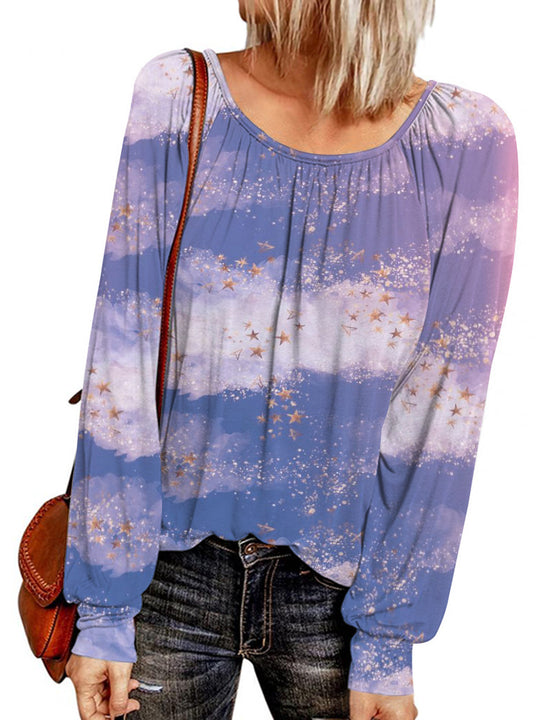 Damen Ethno-Print Oversize-Tunika mit Rundhalsausschnitt und langen Ballonärmeln EB