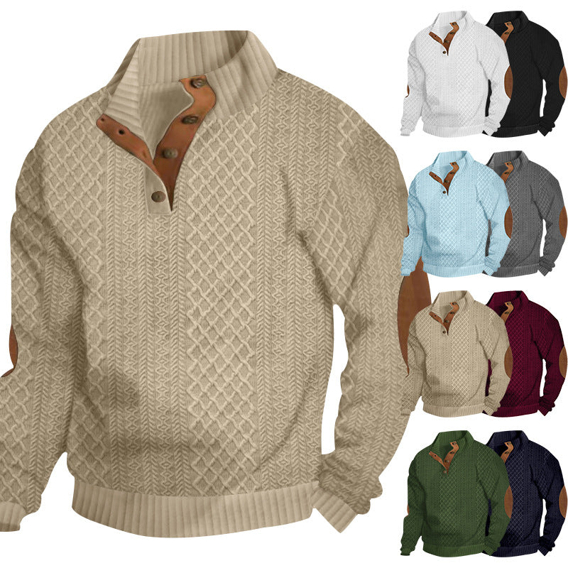 Herren nan grober Zopfstrick Troyer mit Knopfleiste und Veloursleder-Ellenbogenpatches EB