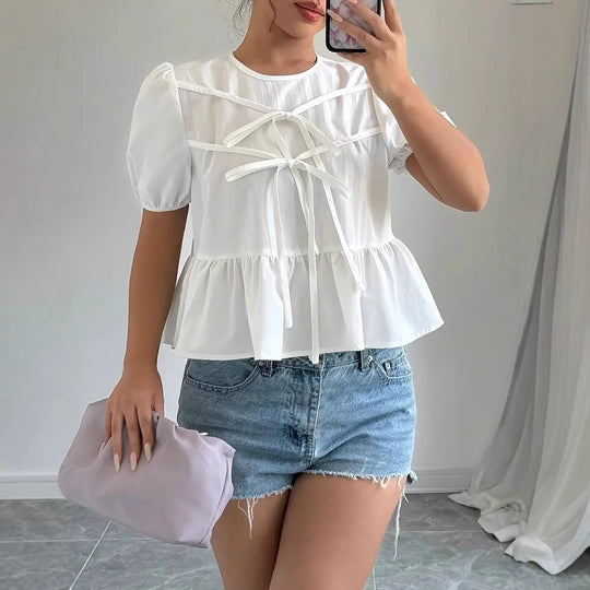 Damen Bluse mit Puffärmeln und verspieltem Rüschendesign EB
