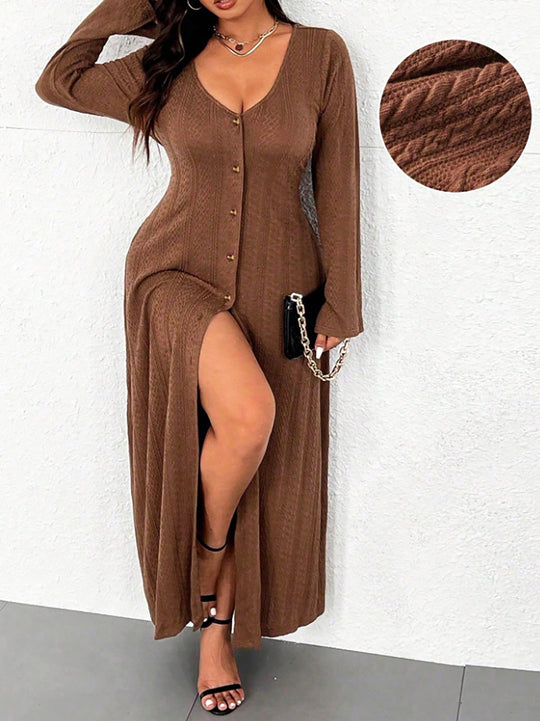 Damen Maxikleid mit innovativem Knopfdesign und tiefem Schlitz EB