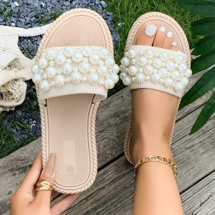 Damen Flauscher Slides mit Perlenverzierung EB
