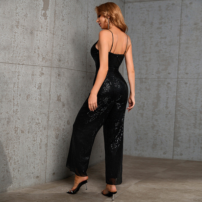 Damen Glitzernder Jumpsuit mit tiefem V-Ausschnitt und weitem Beinschnitt EB