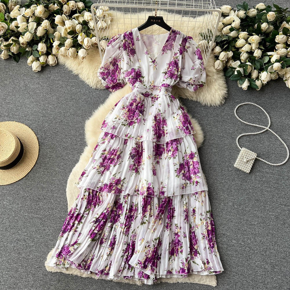 Damen Maxi-Kleid mit voluminösen Rüschendetails und floralem Design EB