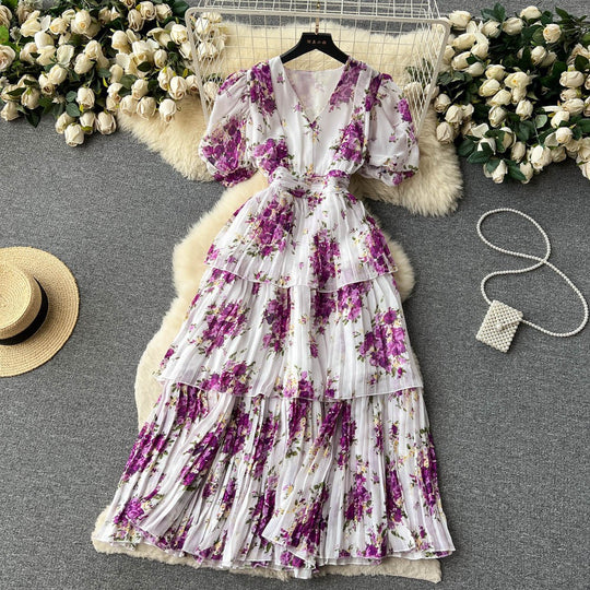 Damen Maxi-Kleid mit voluminösen Rüschendetails und floralem Design EB