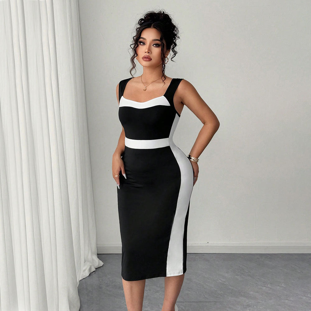 Damen figurbetontes Midi-Kleid mit Kontrastdetail und schmalem Schnitt EB