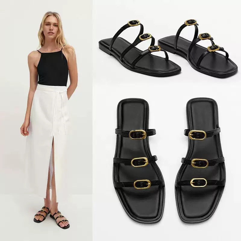 Damen Elegante Zehensteg-Sandalen mit modischem Riemendesign und goldenen Akzenten EB
