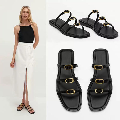 Damen Elegante Zehensteg-Sandalen mit modischem Riemendesign und goldenen Akzenten EB