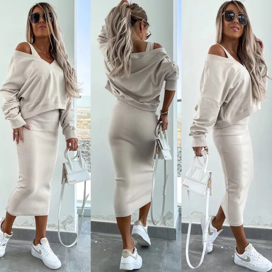 Damen weiches geripptes Lounge-Set mit Oversize-Viskoseshirt und High-Waist Schlaghose EB