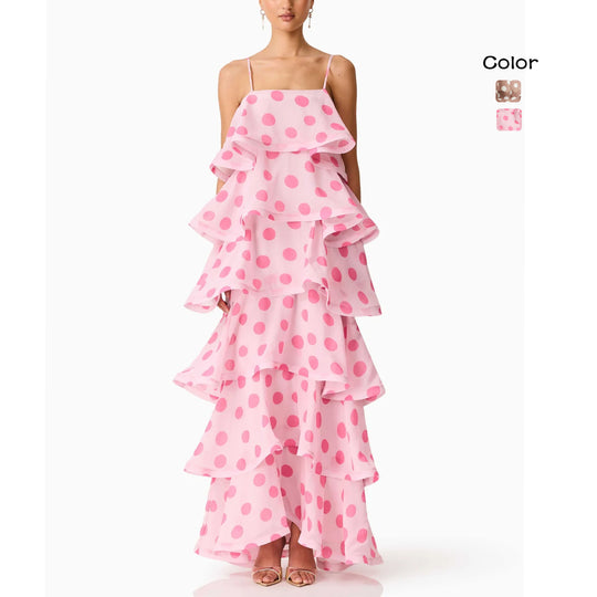 Damen Maxikleid mit verspielten Rüschen und Punkten EB