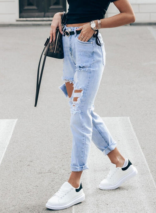 Damen Ripped Boyfriend Jeans im lässigen Vintage-Stil mit hohem Bund EB