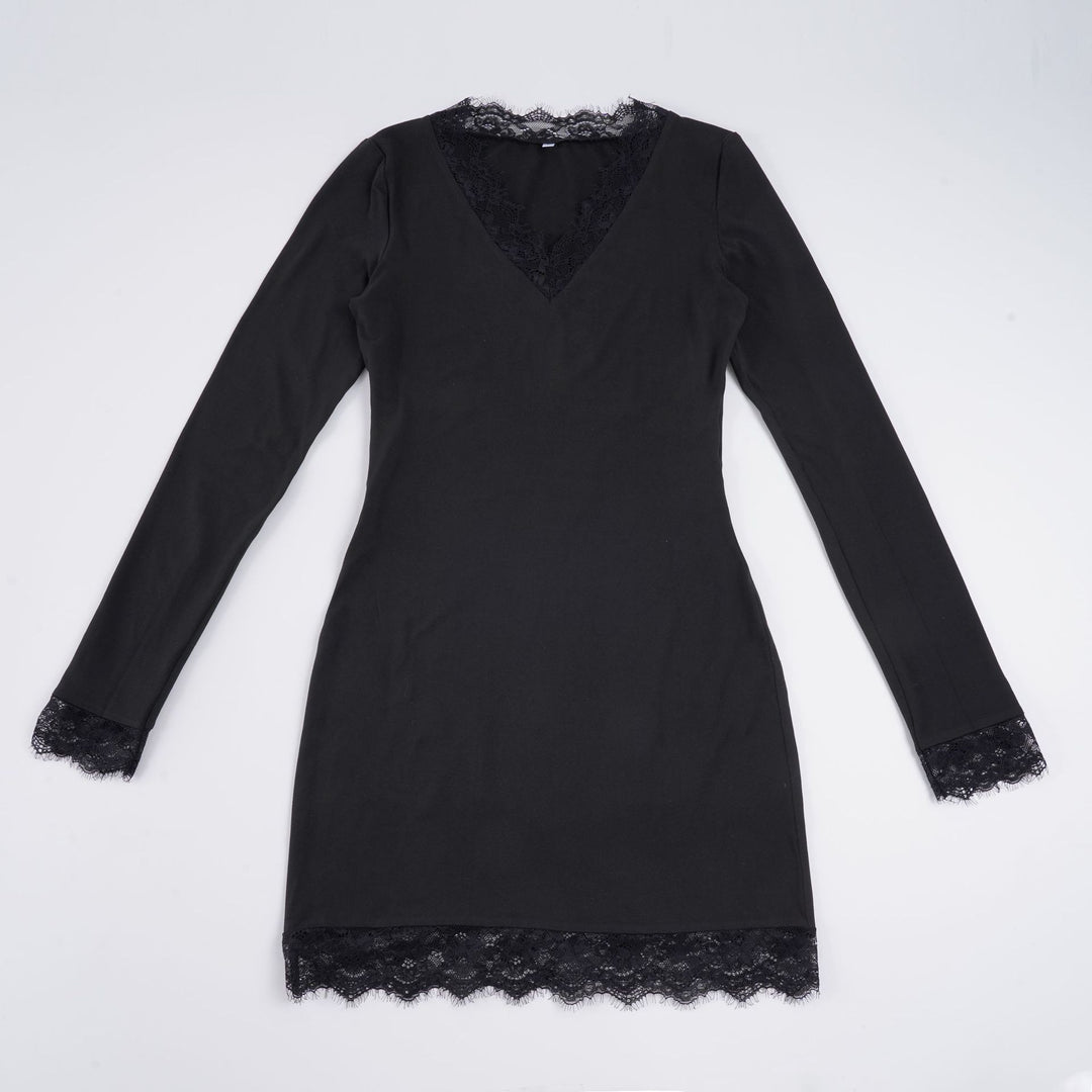 Damen nan figurbetontes Langarm-Midikleid mit tiefem V-Ausschnitt und floraler Spitzenkante EB