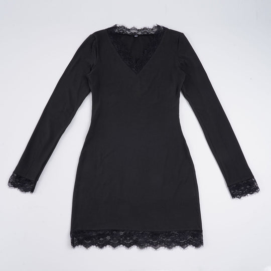 Damen nan figurbetontes Langarm-Midikleid mit tiefem V-Ausschnitt und floraler Spitzenkante EB