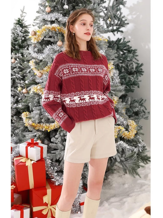 Damen Grobstrickpullover mit festlichem Muster und hohem Kragen EB