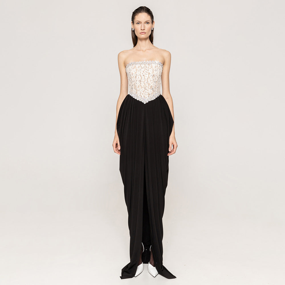 Damen elegantes Abendkleid mit schimmerndem Spitzenoberteil und Drapierungsdetails EB