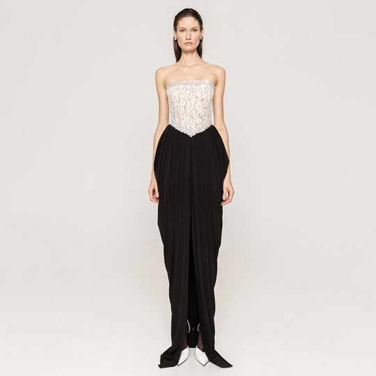 Damen elegantes Abendkleid mit schimmerndem Spitzenoberteil und Drapierungsdetails EB