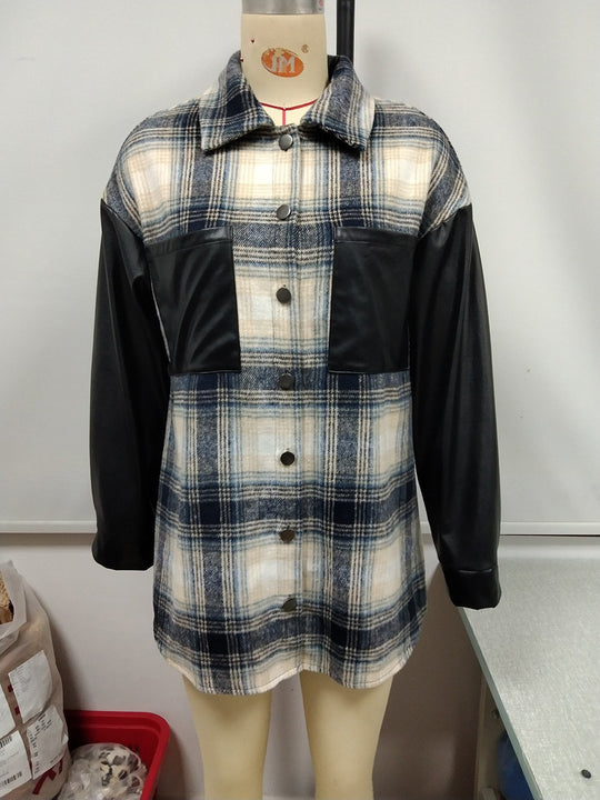 Damen Overshirt mit Kunstleder-Ärmeln und Karomuster EB