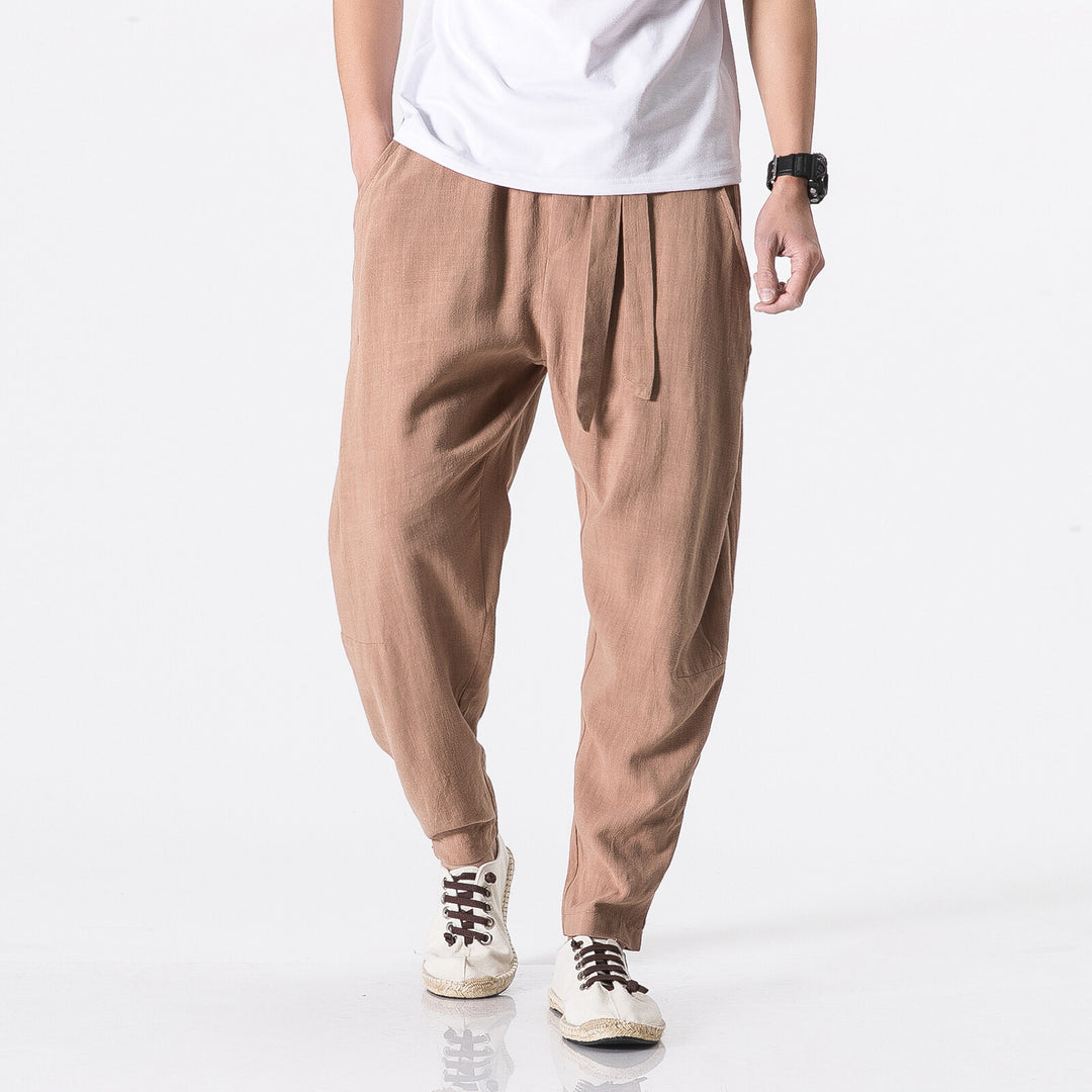 Herren nan entspannte Leinen-Baumwoll Harem-Joggerhose mit verdecktem Tunnelzug und tapered Bein EB