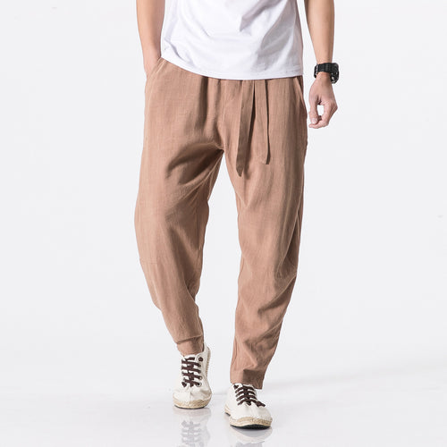 Herren nan entspannte Leinen-Baumwoll Harem-Joggerhose mit verdecktem Tunnelzug und tapered Bein EB