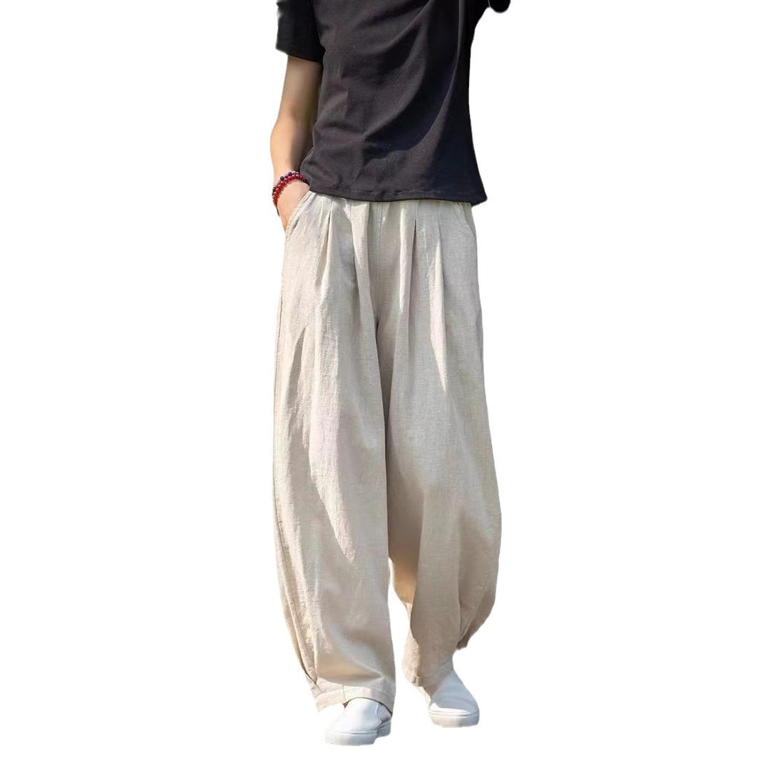 Damen weite Leinenhose mit elastischem Bund und seitlichen Taschen EB