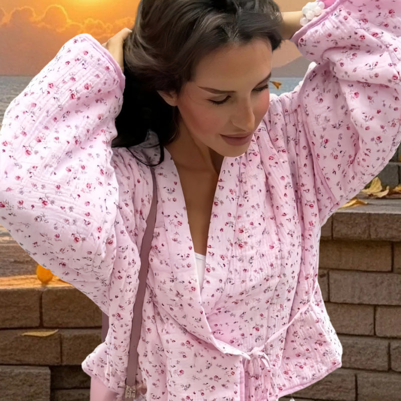 Damen Leichte Übergangsjacke mit floralen Mustern und voluminösen Ärmeln EB