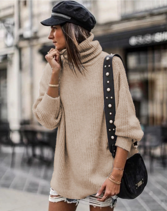 Damen oversized Strickpullover mit hohem Kragen und modischen Details EB