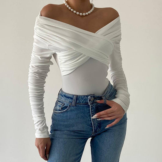 Damen eleganter Body mit drapiertem Oberteil und schmalen Ärmeln EB