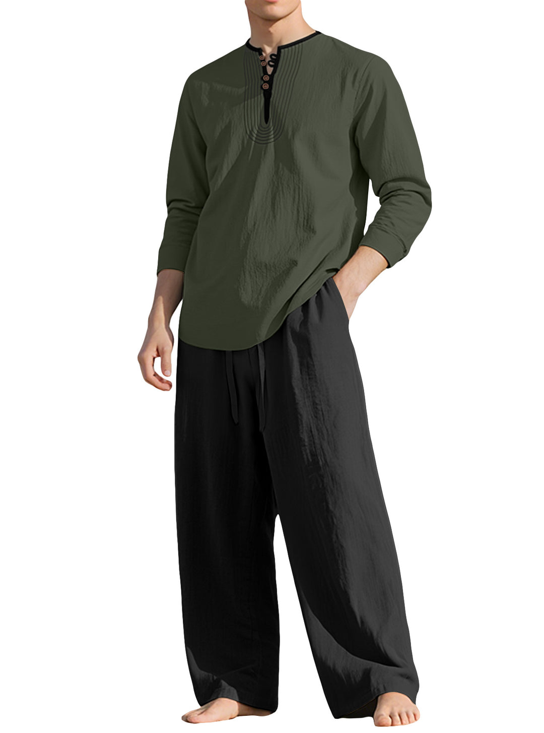 Herren nan Tunika- und Palazzohose-Set mit Henley-Blende, Zierstickerei und weitem Schnitt EB