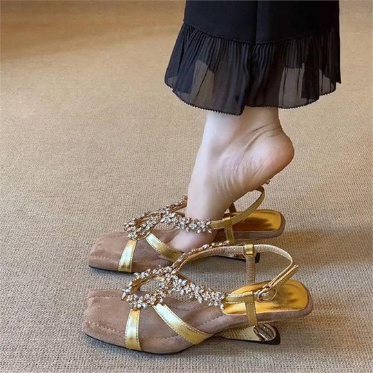 Damen elegante Slingback Sandalen mit funkelnden Kristallverzierungen EB