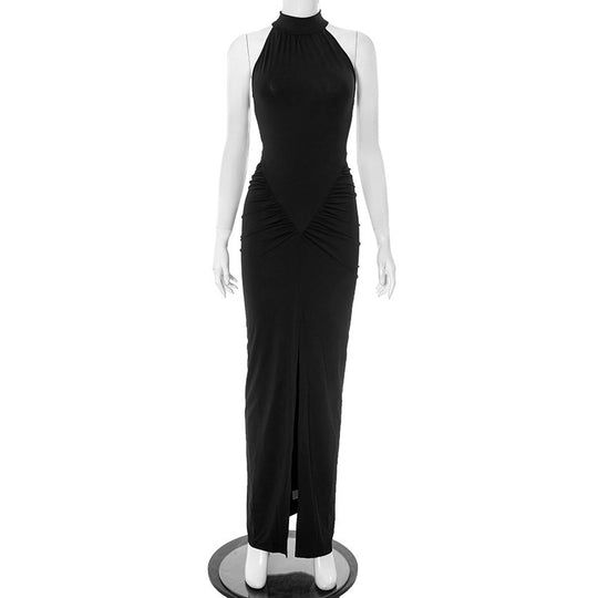 Damen elegantes Maxikleid mit hochgeschlossenem Kragen und raffinierten Raffungselementen EB