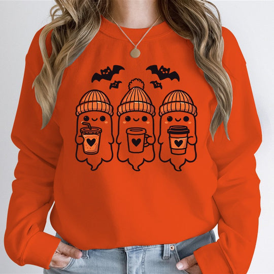 Damen nan gemütlicher Halloween Grafikpullover mit niedlichen Geist-Motiven, Rundhalsausschnitt und weichem Baumwollmix EB