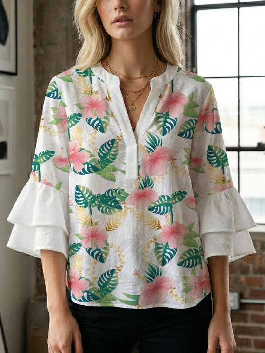 Damen Blusenshirt mit voluminösen Ärmeln und floralem Muster EB