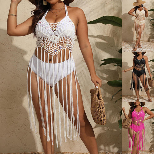 Damen gehäkeltes Bikini-Set mit fransiger Überwurf EB