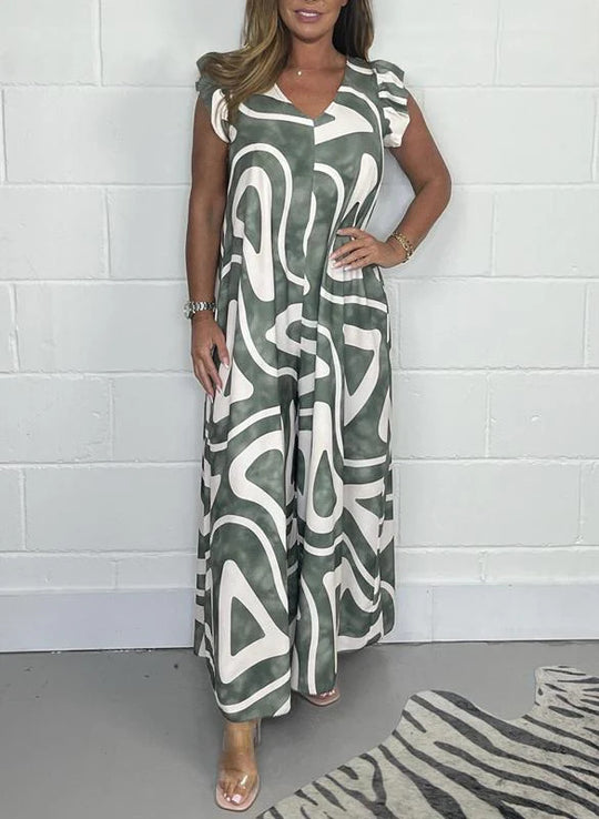 Damen Maxikleid mit kreativem grafischen Muster und Rüschen EB