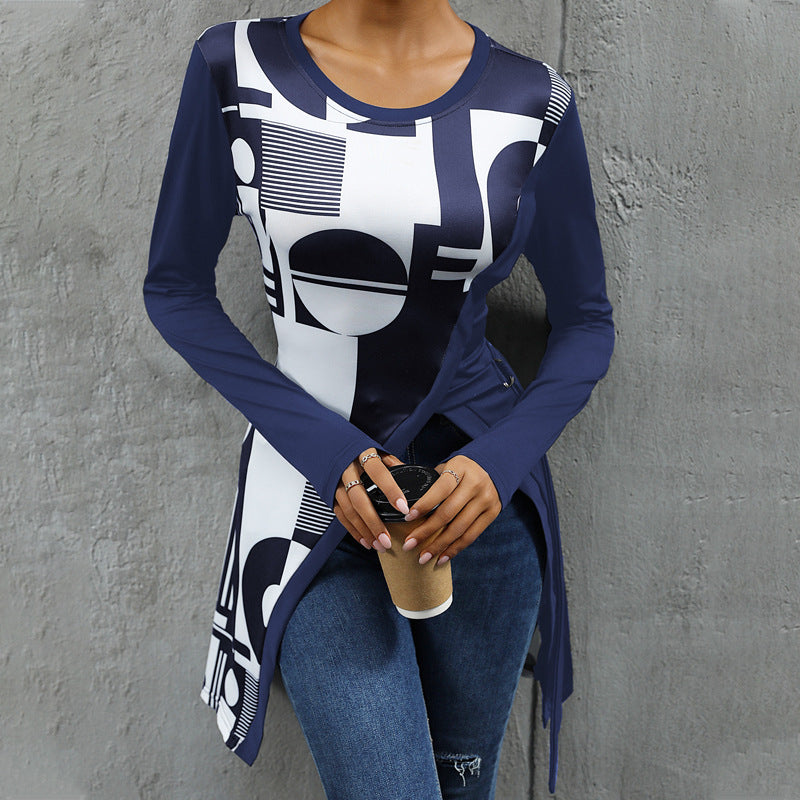 Damen Langarmshirt mit grafischem Muster und asymmetrischem Saum EB