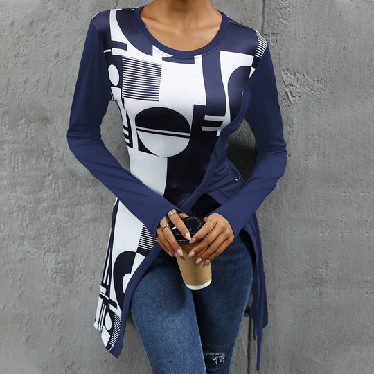 Damen Langarmshirt mit grafischem Muster und asymmetrischem Saum EB