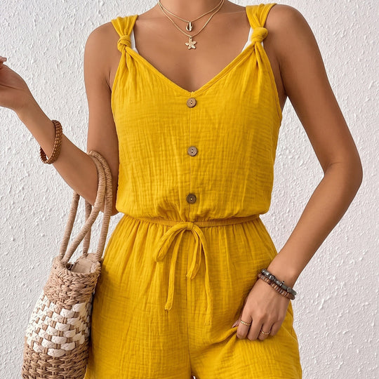 Damen lässiger Jumpsuit mit knöpfbarem V-Ausschnitt und elastischem Bund EB