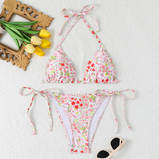 Damen Triangel-Bikini mit verstellbaren Bindebändern und floralen Details EB