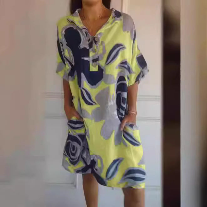 Damen luftiges Strandkleid mit modischem Muster und seitlichen Taschen EB