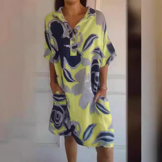 Damen luftiges Strandkleid mit modischem Muster und seitlichen Taschen EB