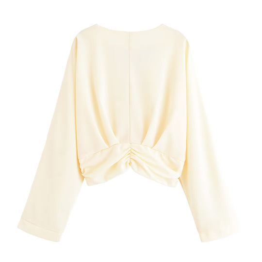 Damen legeres Blusenshirt mit Raffung und tiefem V-Ausschnitt EB