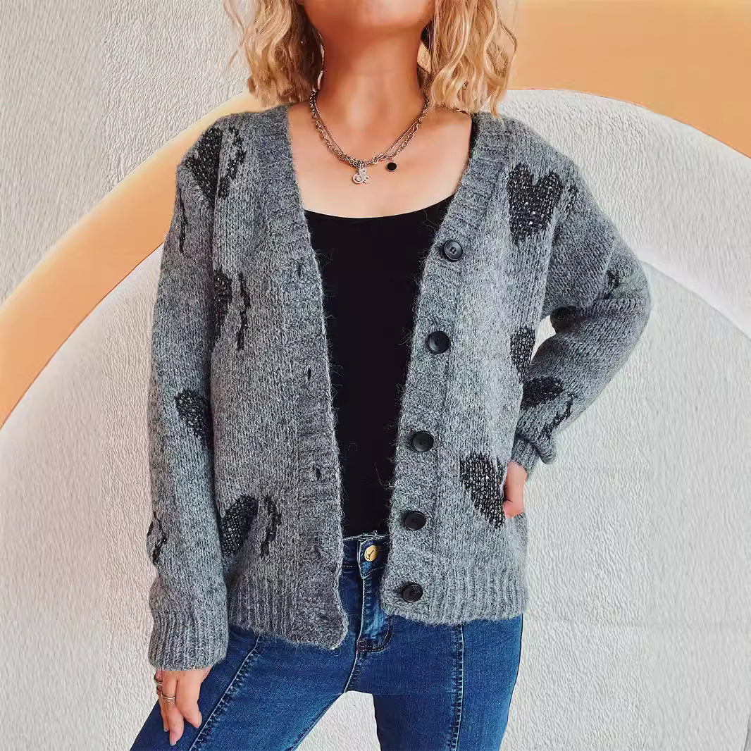 Damen gestrickte Cardigan mit Herzmuster und Knopfdetails EB