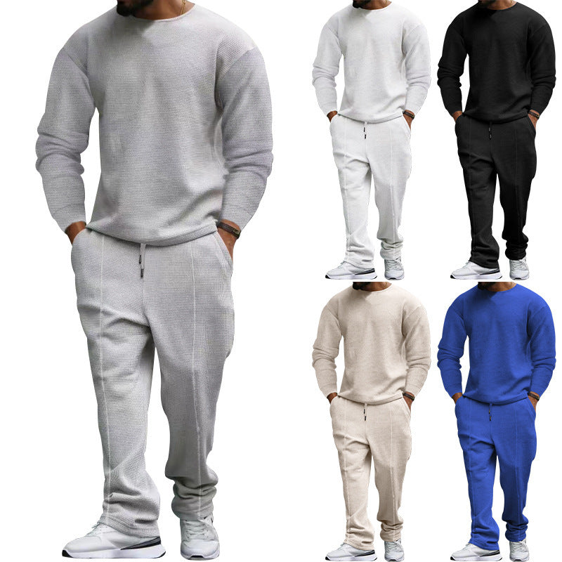 Herren nan strukturiertes Lounge-Set mit Rundhals-Pullover und schmal zulaufender Naht-Jogginghose EB