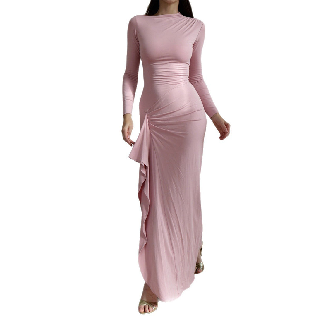 Damen nan gerafftes Maxikleid mit langen Ärmeln, taillierender Stretch-Passform und seitlichem Volant-Detail EB